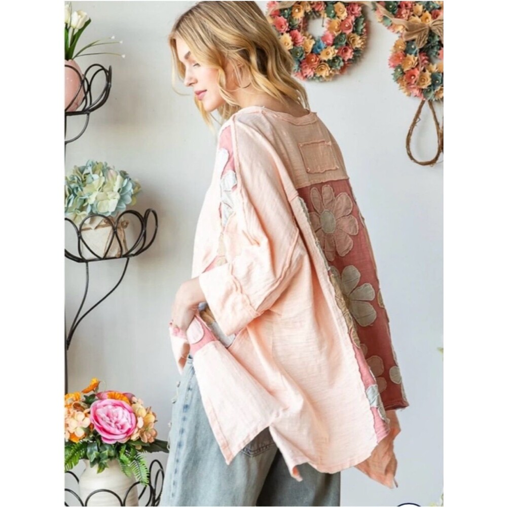 Oli & Hali Washed Daisy Patch Oversized Tunic Top Patchwork NWT Boho Size XL